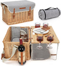 Wicker Picnic Basket for 4, Willow Hamper Service Gift Set with Blanket