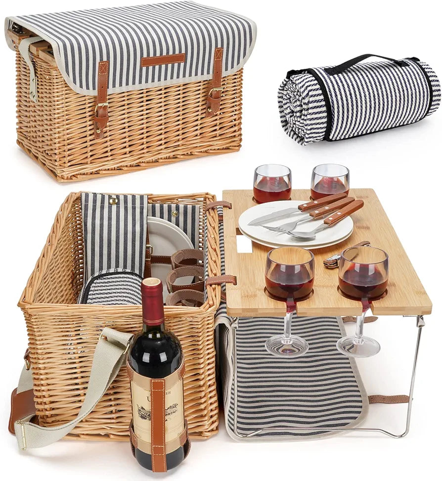 Wicker Picnic Basket for 4, Willow Hamper Service Gift Set with Blanket