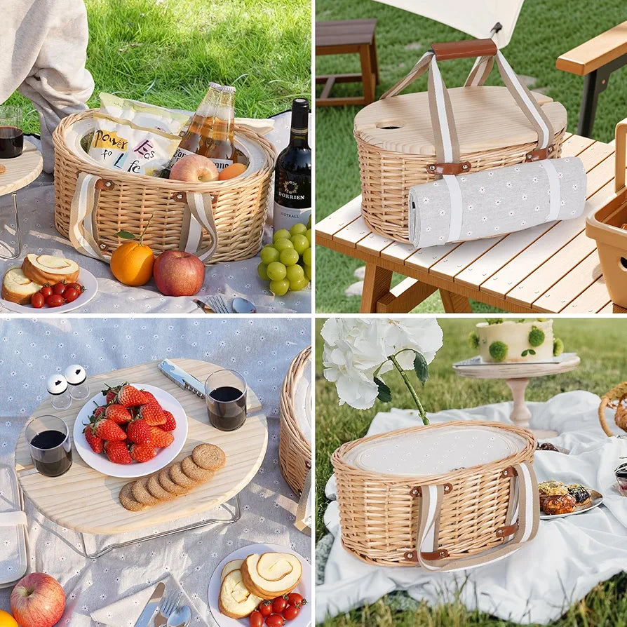 Picnic Basket Set for 2 - Wicker Insulated Basket with Blanket & Table