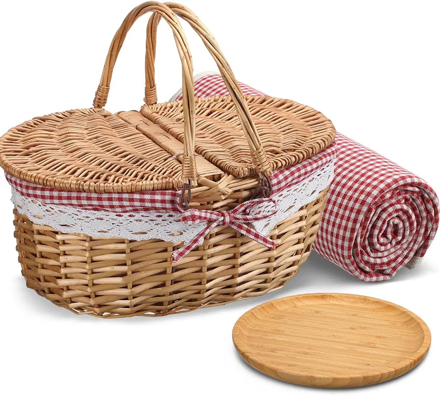 Picnic Basket with Blankets, Bamboo Plates, and Washable Lining