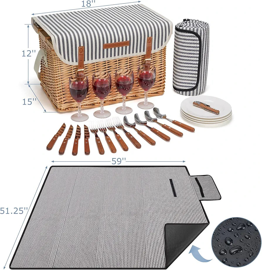 Wicker Picnic Basket for 4, Willow Hamper Service Gift Set with Blanket