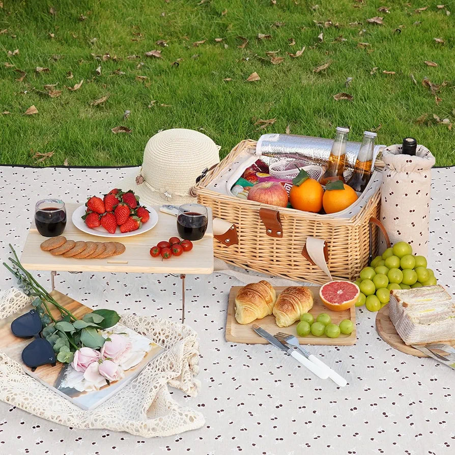 HappyPicnic Picnic Basket for 2, Wicker Set with Table and Blanket