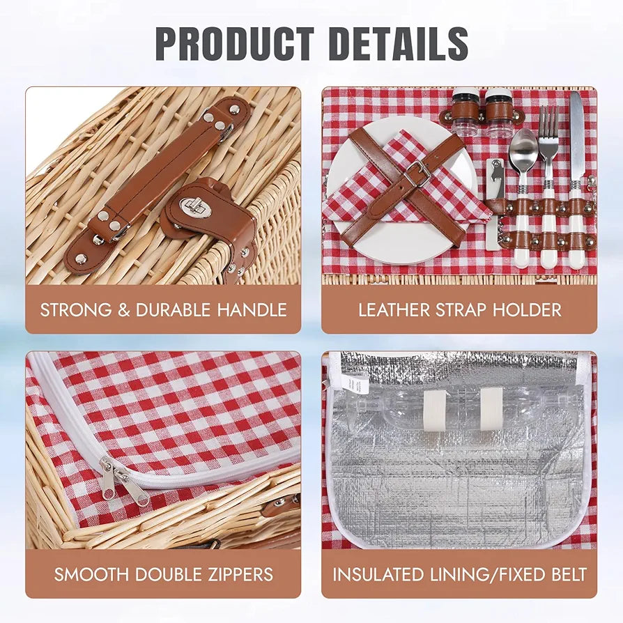 HappyPicnic Picnic Basket Set for 2 - Wicker Basket with Blanket