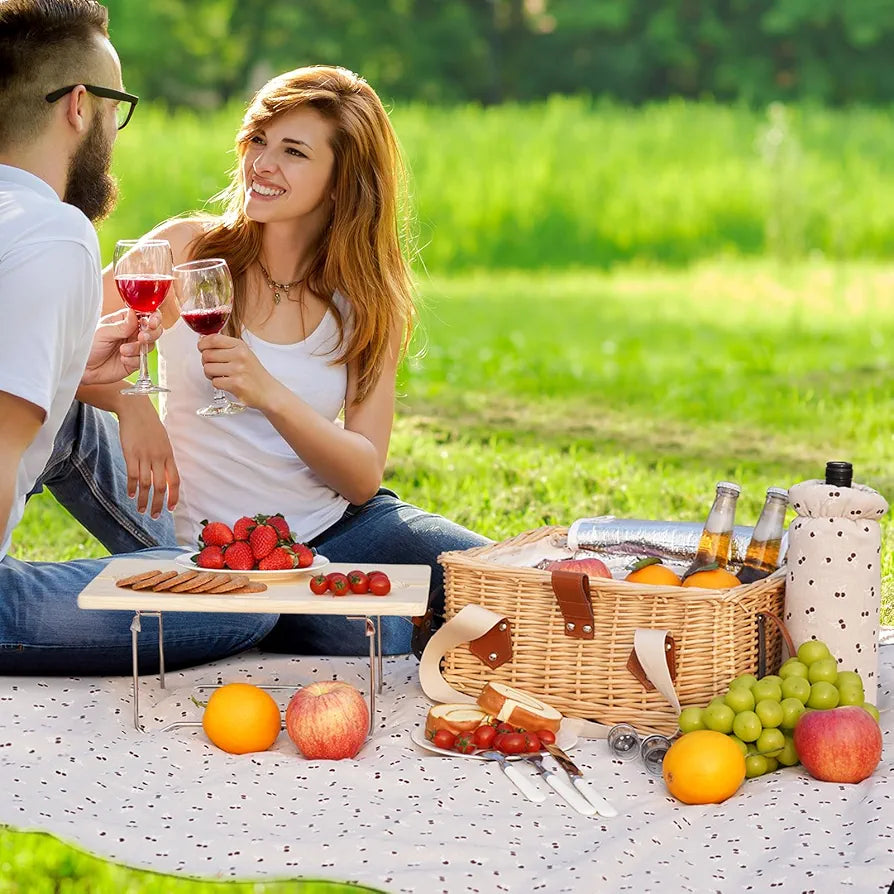 HappyPicnic Picnic Basket for 2, Wicker Set with Table and Blanket
