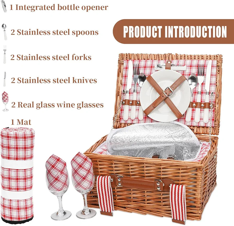 Wicker Picnic Basket for 2 with Insulated Cooler and Picnic Blanket