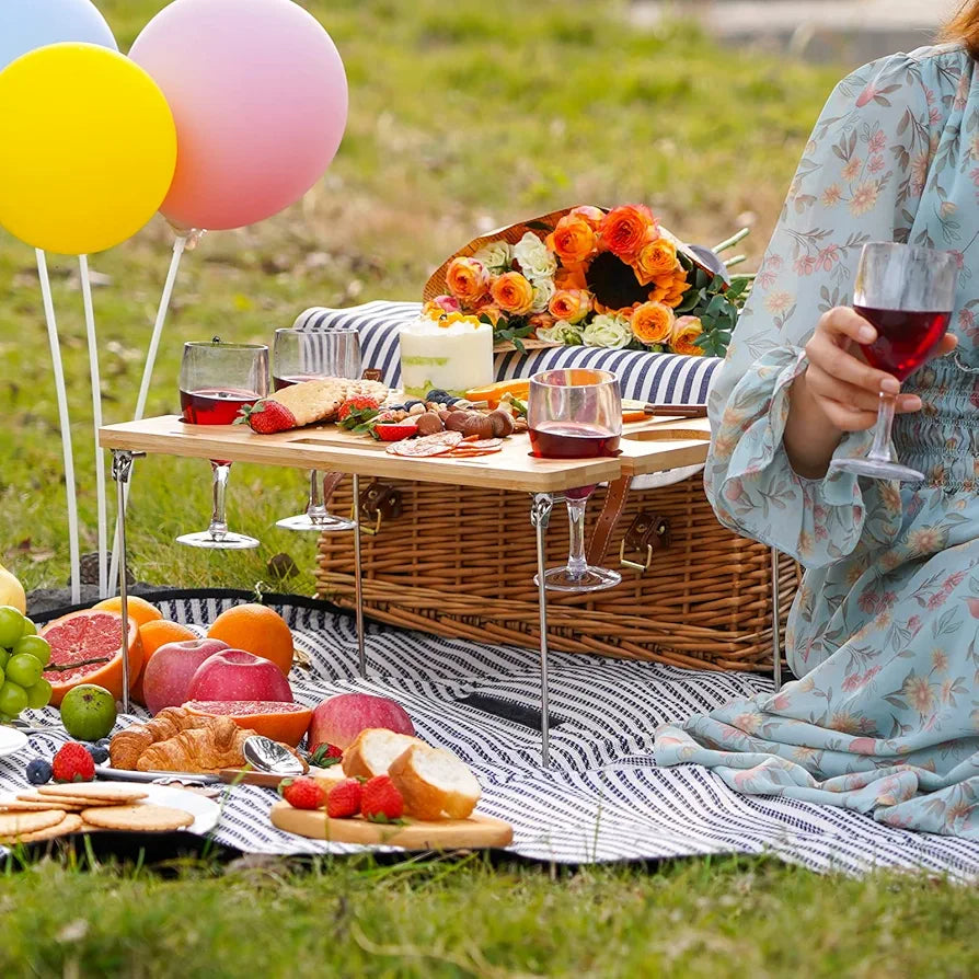Wicker Picnic Basket for 4, Willow Hamper Service Gift Set with Blanket