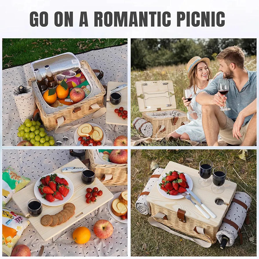 HappyPicnic Picnic Basket for 2, Wicker Set with Table and Blanket