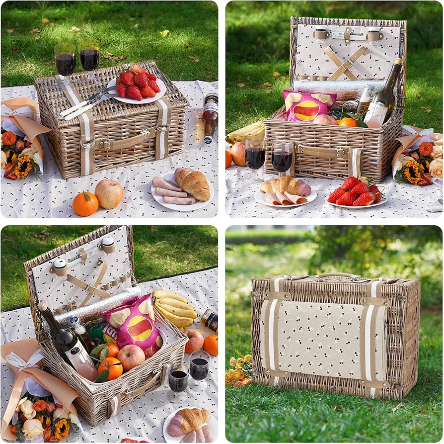 Willow Picnic Basket Set for 2 with Insulated Cooler and Blanket