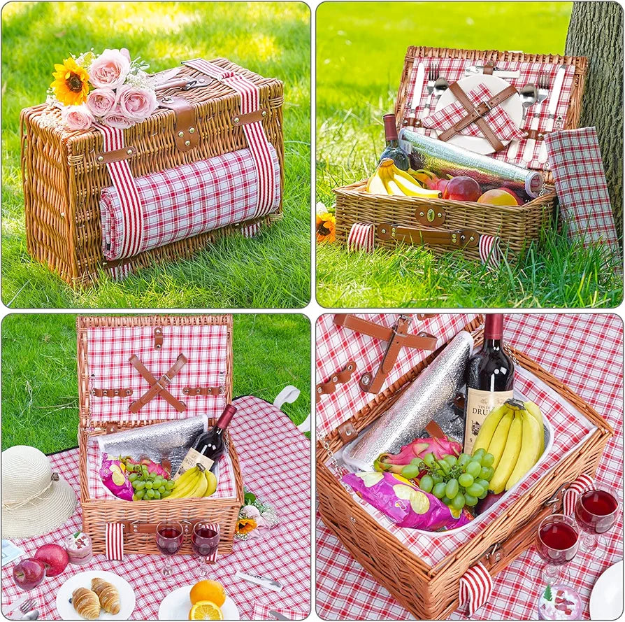 Wicker Picnic Basket for 2 with Insulated Cooler and Picnic Blanket