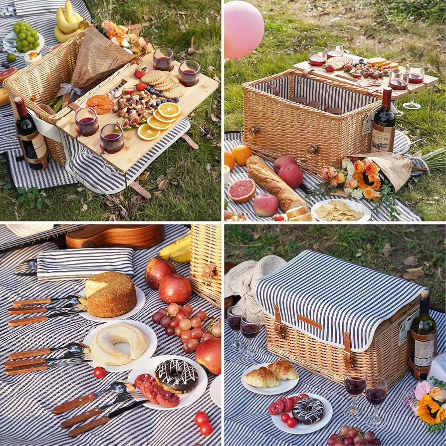 Wicker Picnic Basket for 4, Willow Hamper Service Gift Set with Blanket