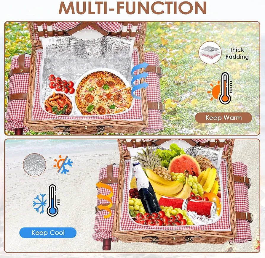 Picnic Basket for 4, Insulated Willow Hamper with Waterproof Blanket