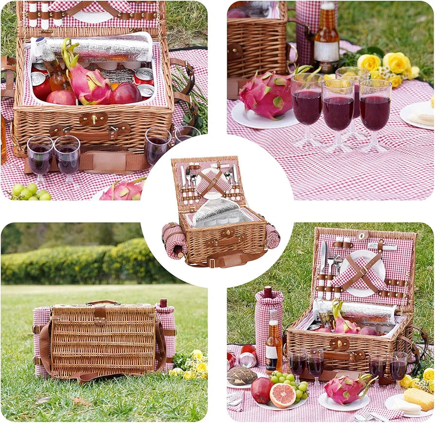 Picnic Basket for 4, Insulated Willow Hamper with Waterproof Blanket