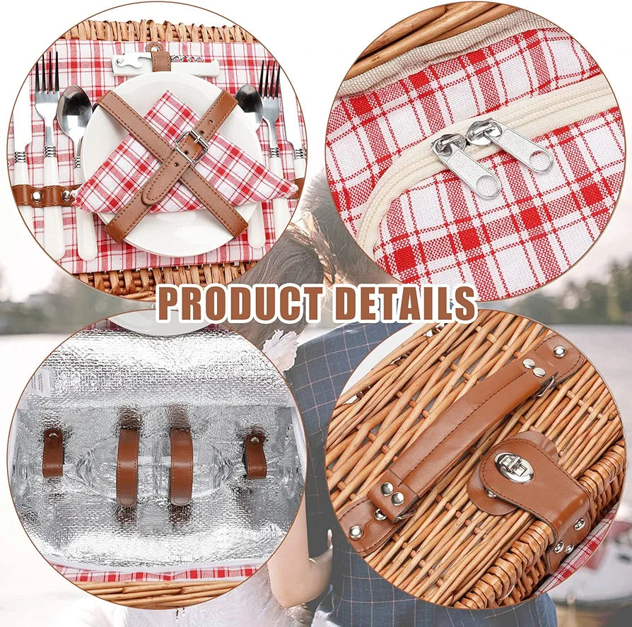 Wicker Picnic Basket for 2 with Insulated Cooler and Picnic Blanket