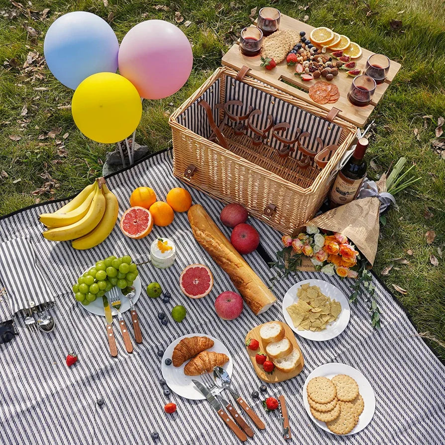 Wicker Picnic Basket for 4, Willow Hamper Service Gift Set with Blanket