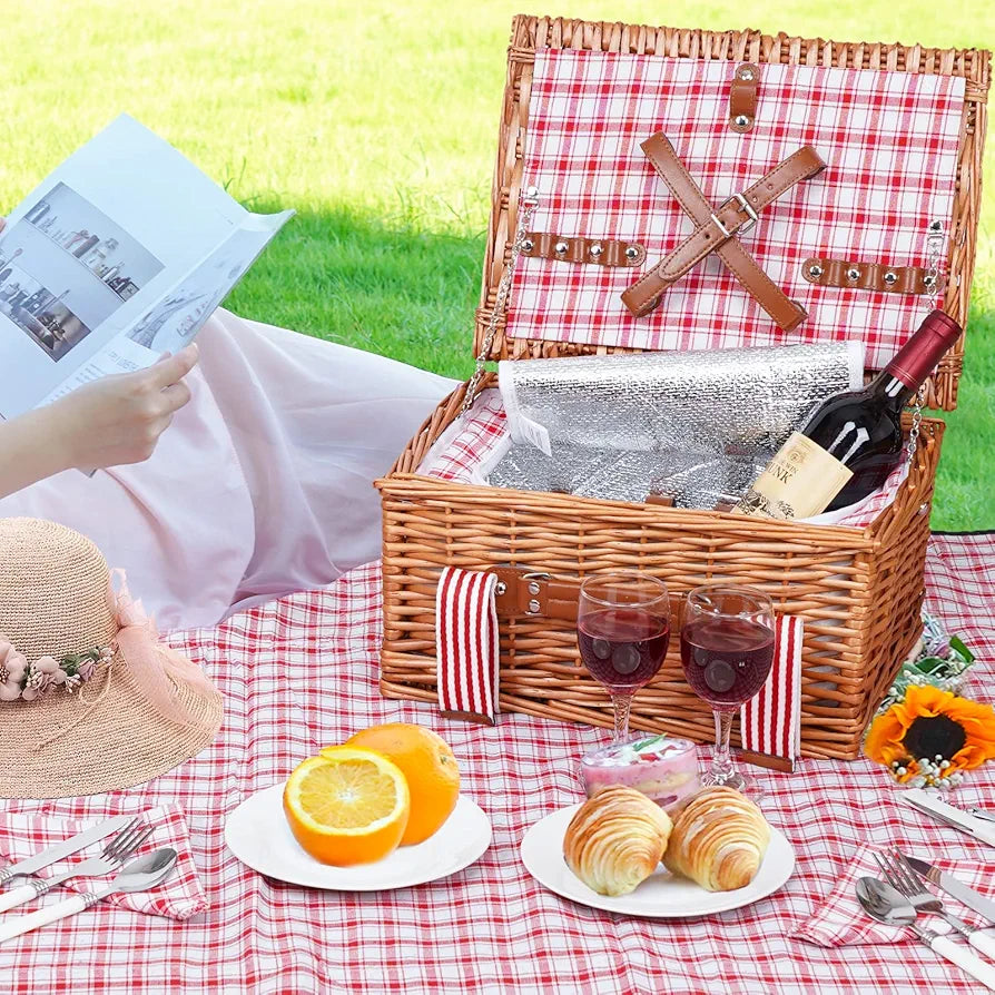 Wicker Picnic Basket for 2 with Insulated Cooler and Picnic Blanket