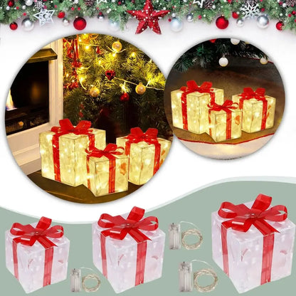 3Pcs/Set PVC Christmas Gift Box Set Luminous with Bow Ribbon Light up Present Boxes Folding Christmas Glowing Decoration Outdoor