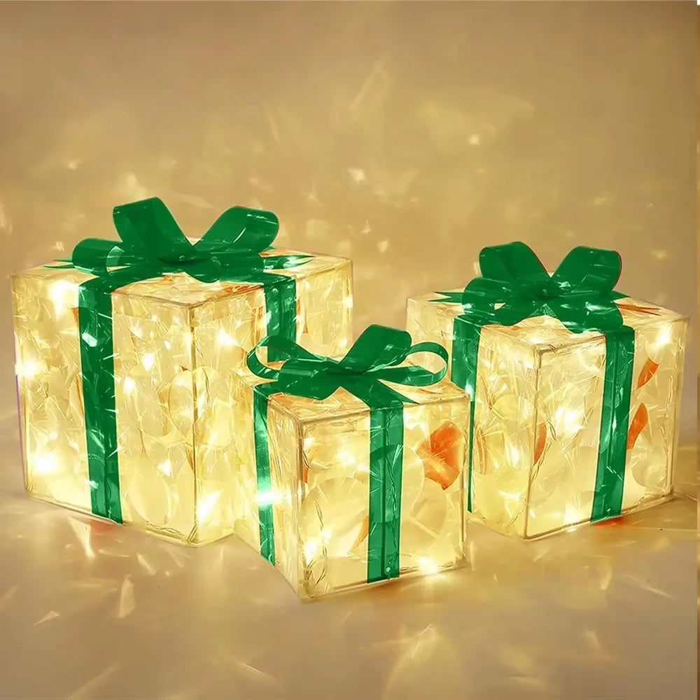 3Pcs/Set PVC Christmas Gift Box Set Luminous with Bow Ribbon Light up Present Boxes Folding Christmas Glowing Decoration Outdoor