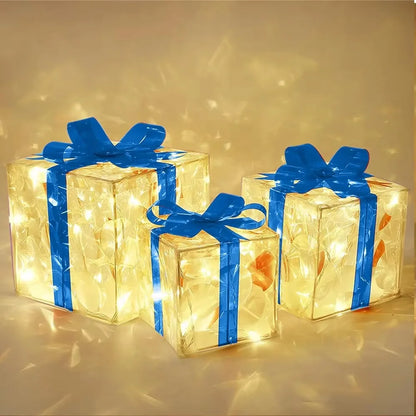 3Pcs/Set PVC Christmas Gift Box Set Luminous with Bow Ribbon Light up Present Boxes Folding Christmas Glowing Decoration Outdoor