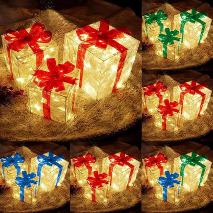3Pcs/Set PVC Christmas Gift Box Set Luminous with Bow Ribbon Light up Present Boxes Folding Christmas Glowing Decoration Outdoor