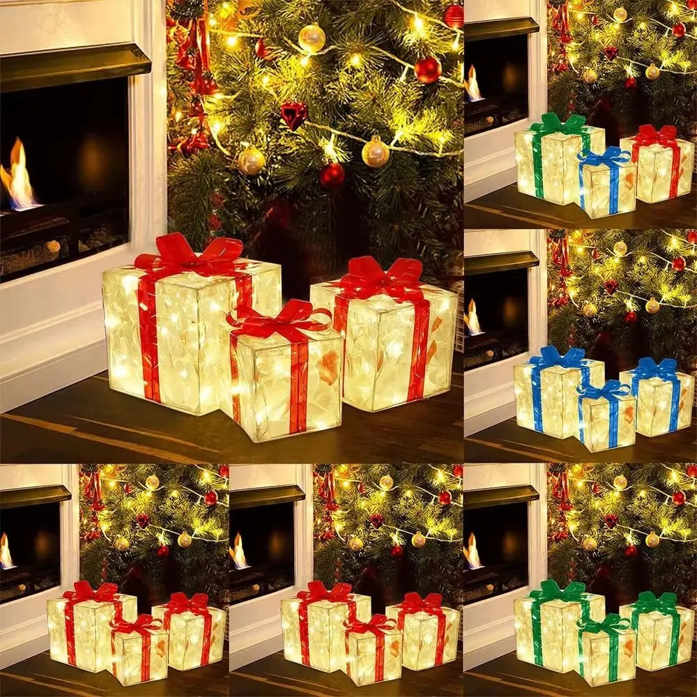 3Pcs/Set PVC Christmas Gift Box Set Luminous with Bow Ribbon Light up Present Boxes Folding Christmas Glowing Decoration Outdoor