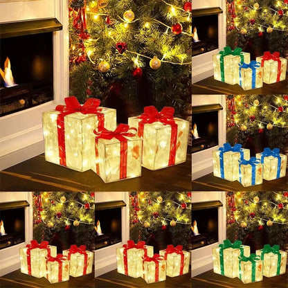 3Pcs/Set PVC Christmas Gift Box Set Luminous with Bow Ribbon Light up Present Boxes Folding Christmas Glowing Decoration Outdoor