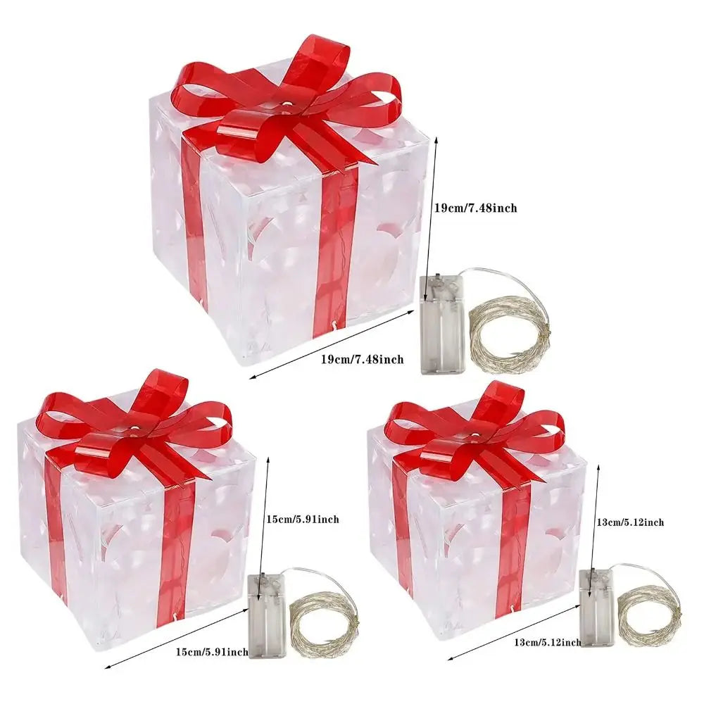 3Pcs/Set PVC Christmas Gift Box Set Luminous with Bow Ribbon Light up Present Boxes Folding Christmas Glowing Decoration Outdoor